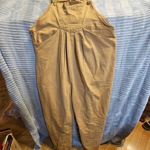 Womens Tan Cotton Pleated Bib Pocket Jumpsuit Overalls Size M